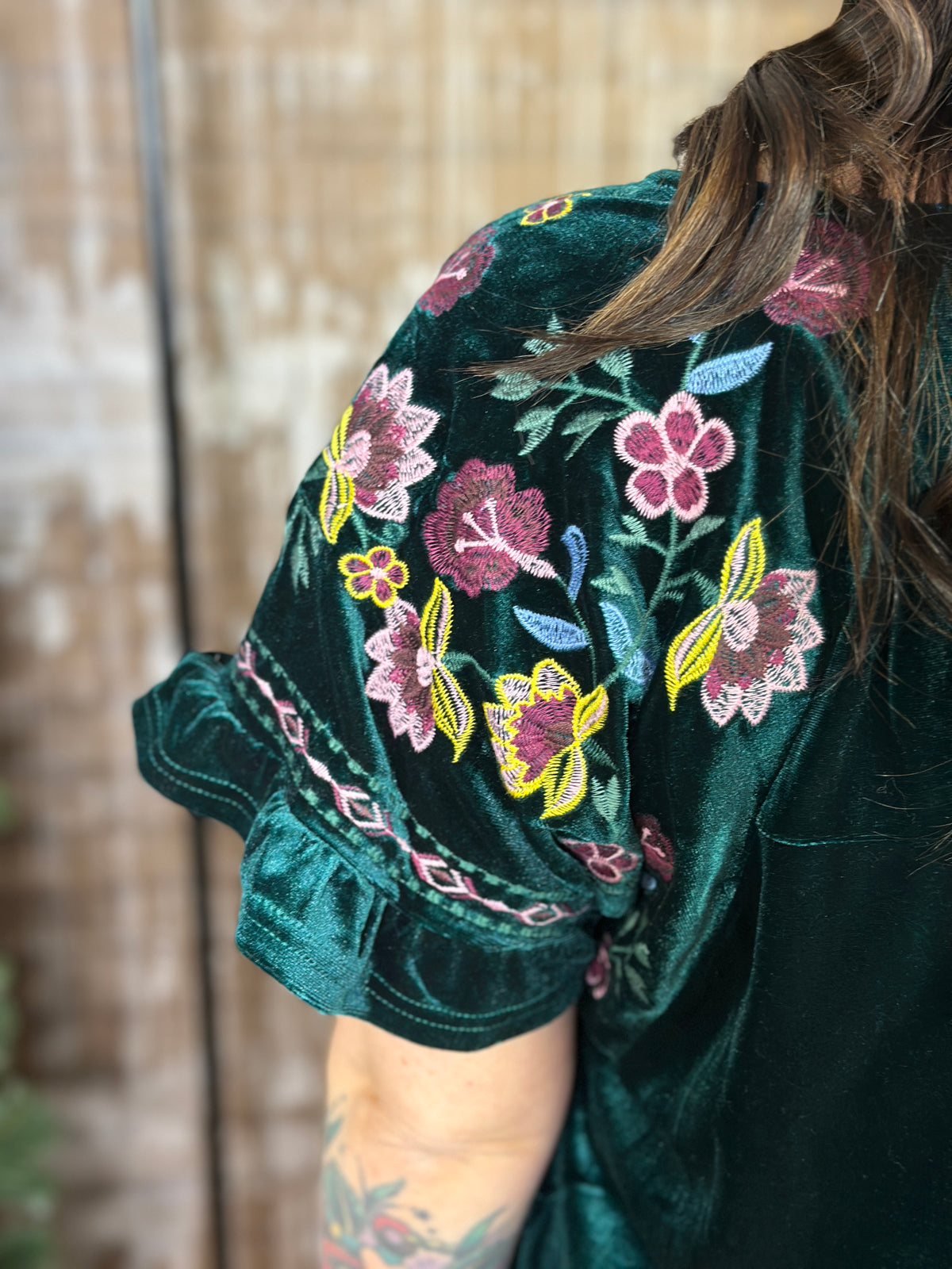 Velvet Top with Embroidered Sleeves - Green