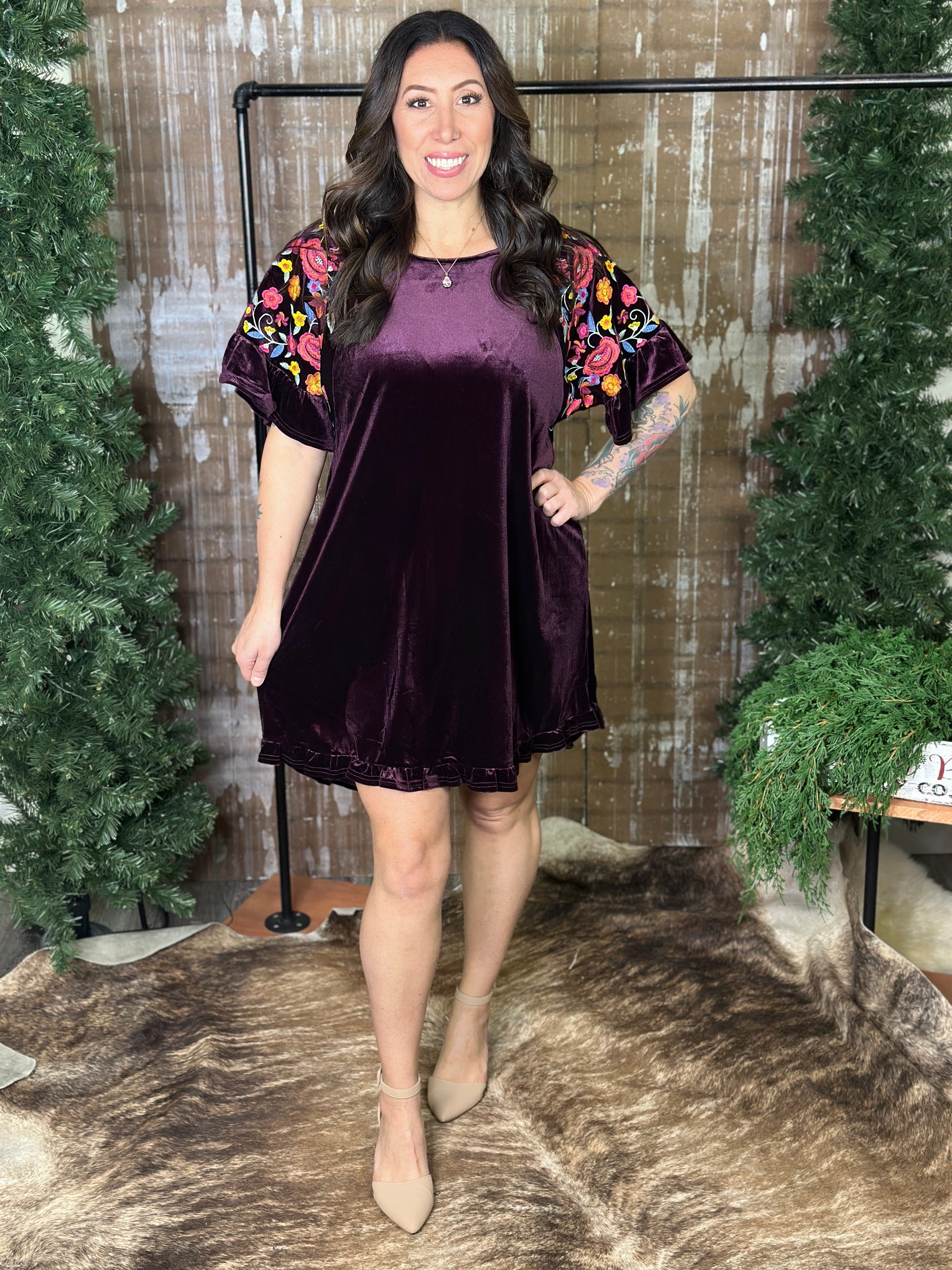Velvet Dress with Embroidered Sleeves - Plum