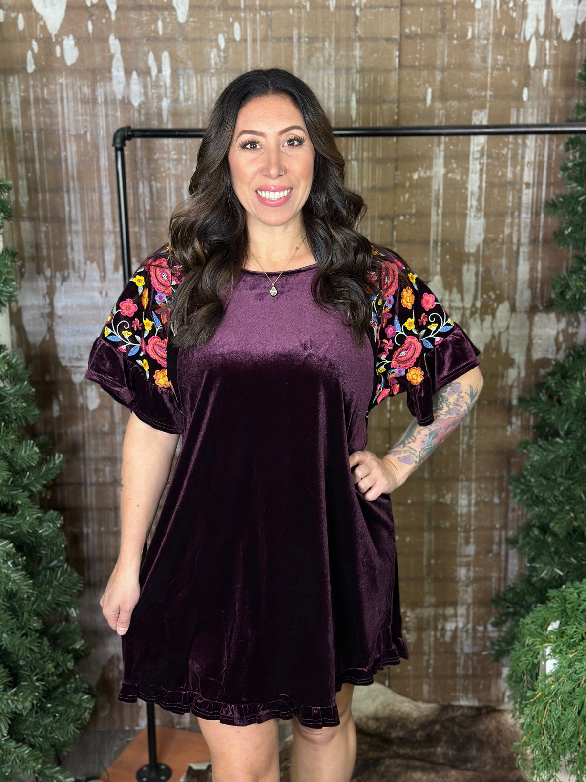 Velvet Dress with Embroidered Sleeves - Plum