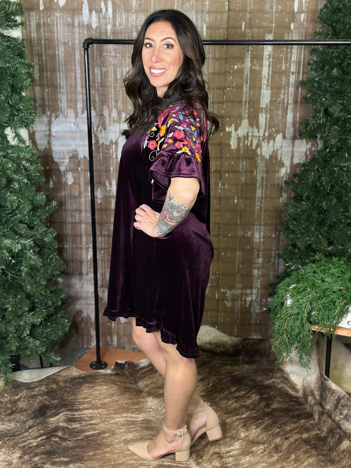 Velvet Dress with Embroidered Sleeves - Plum