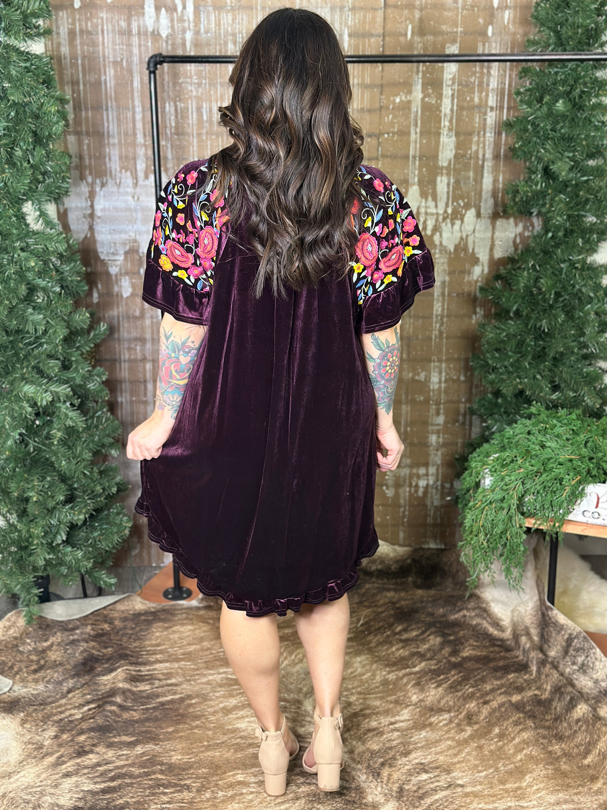 Velvet Dress with Embroidered Sleeves - Plum