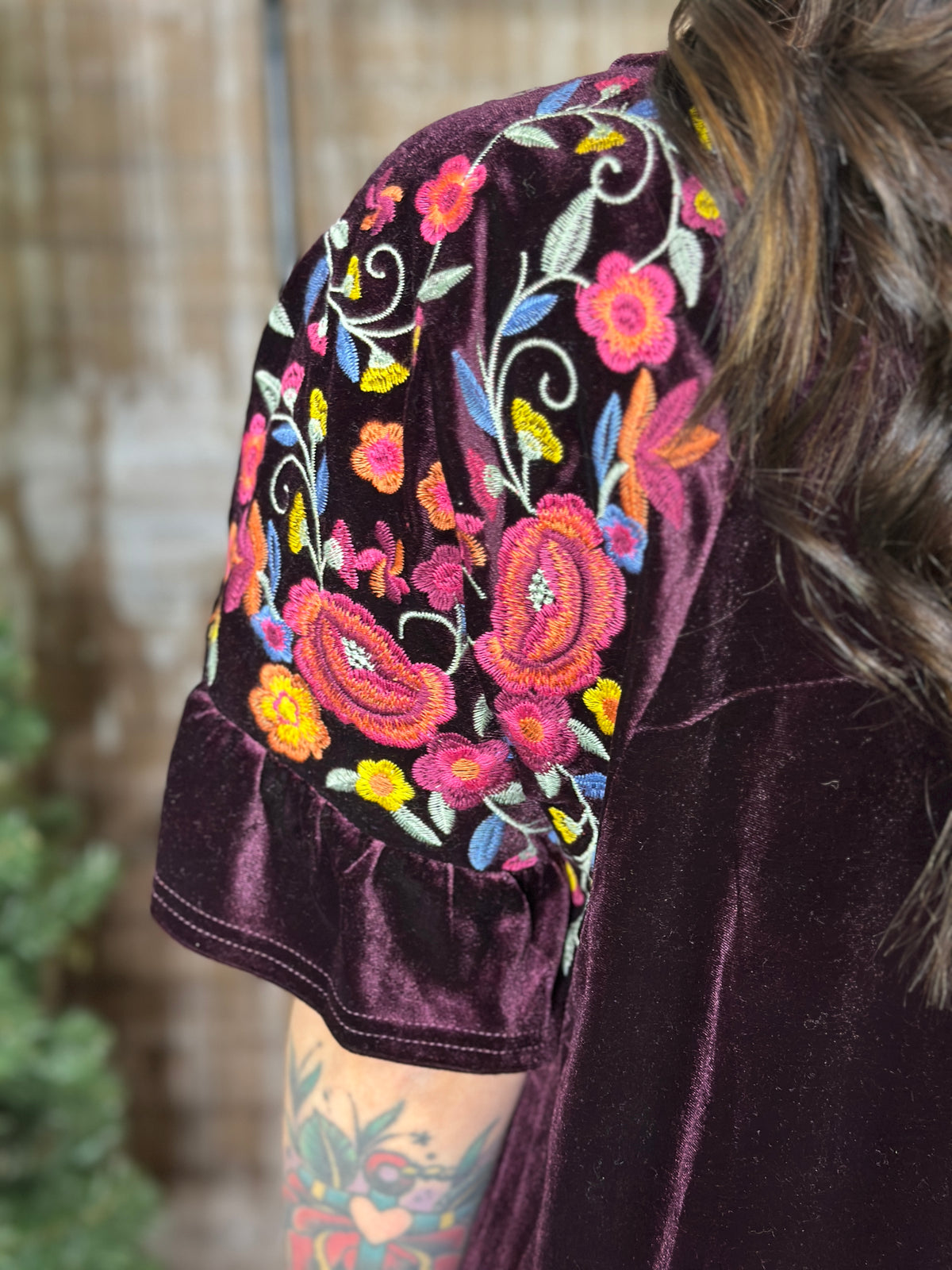 Velvet Dress with Embroidered Sleeves - Plum