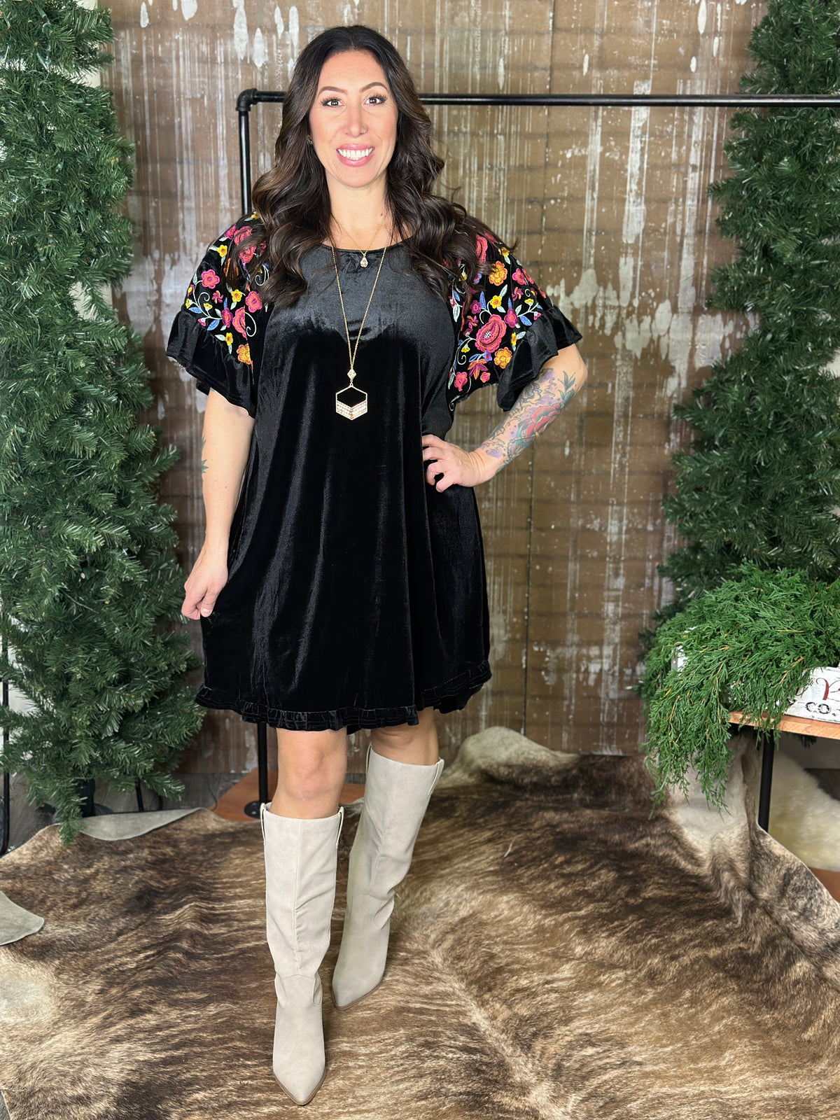 Velvet Dress with Embroidered Sleeves - Black