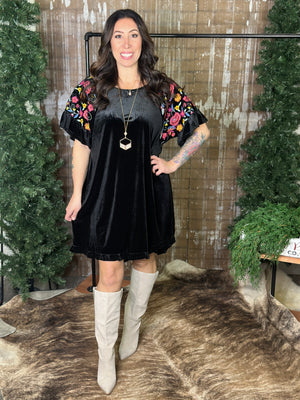 Velvet Dress with Embroidered Sleeves - Black