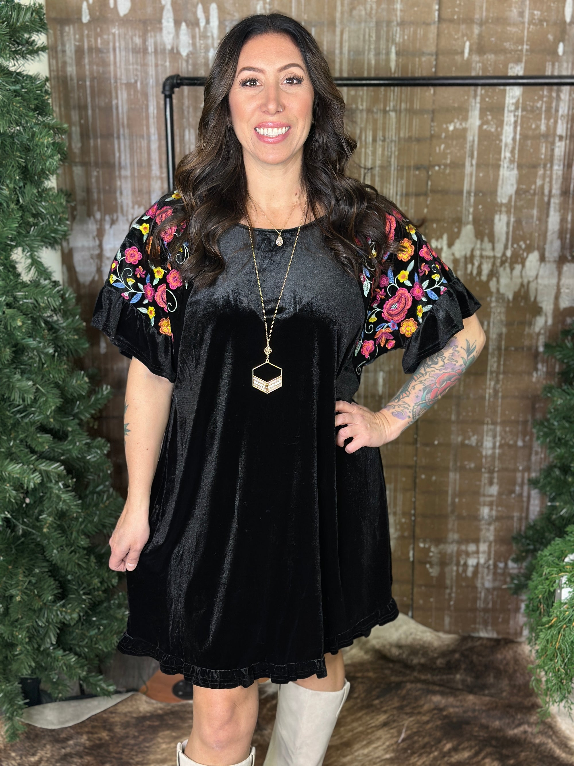 Velvet Dress with Embroidered Sleeves - Black