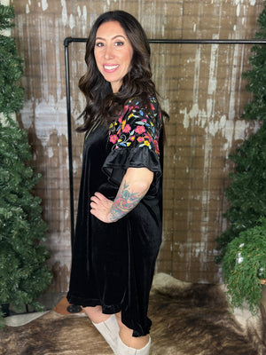 Velvet Dress with Embroidered Sleeves - Black