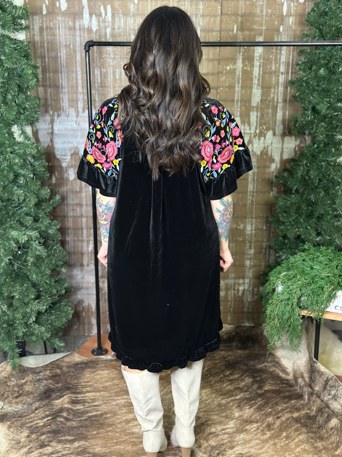 Velvet Dress with Embroidered Sleeves - Black