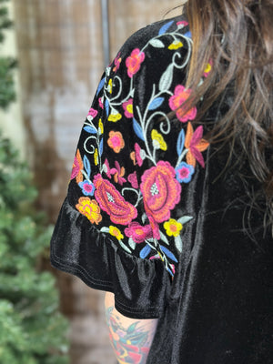 Velvet Dress with Embroidered Sleeves - Black