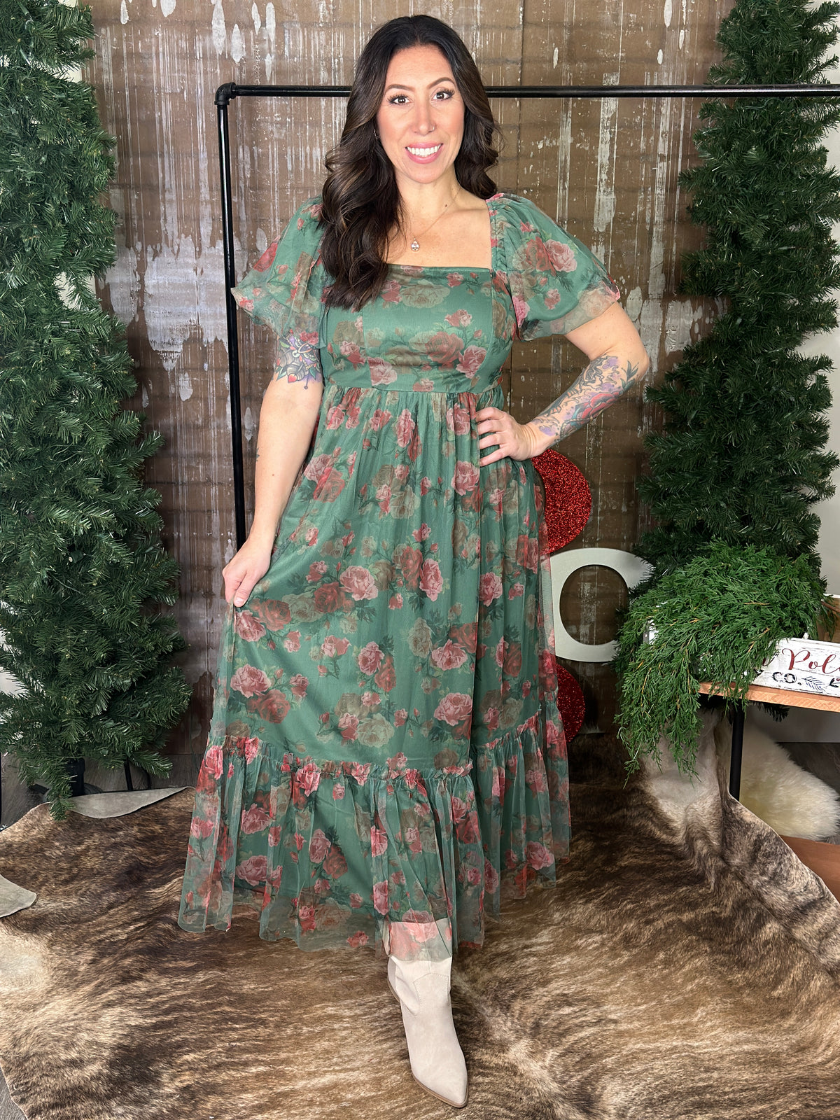 Chiffon Green Floral Maxi Dress with Puff Sleeves