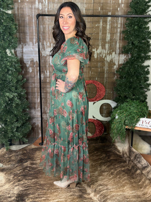 Chiffon Green Floral Maxi Dress with Puff Sleeves