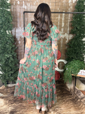 Chiffon Green Floral Maxi Dress with Puff Sleeves