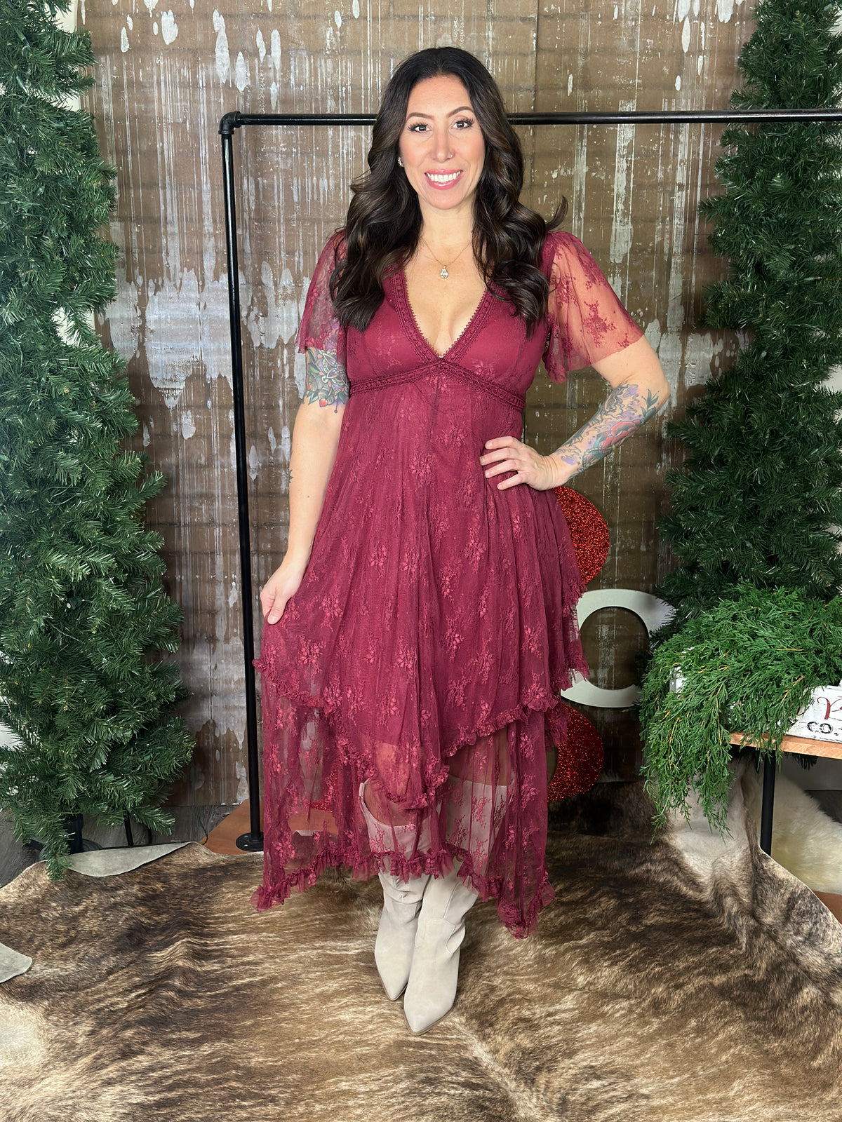 Burgundy Lace Maxi Dress with Asymmetrical Bottom Hem