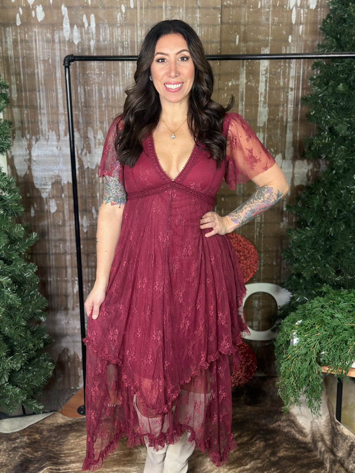 Burgundy Lace Maxi Dress with Asymmetrical Bottom Hem