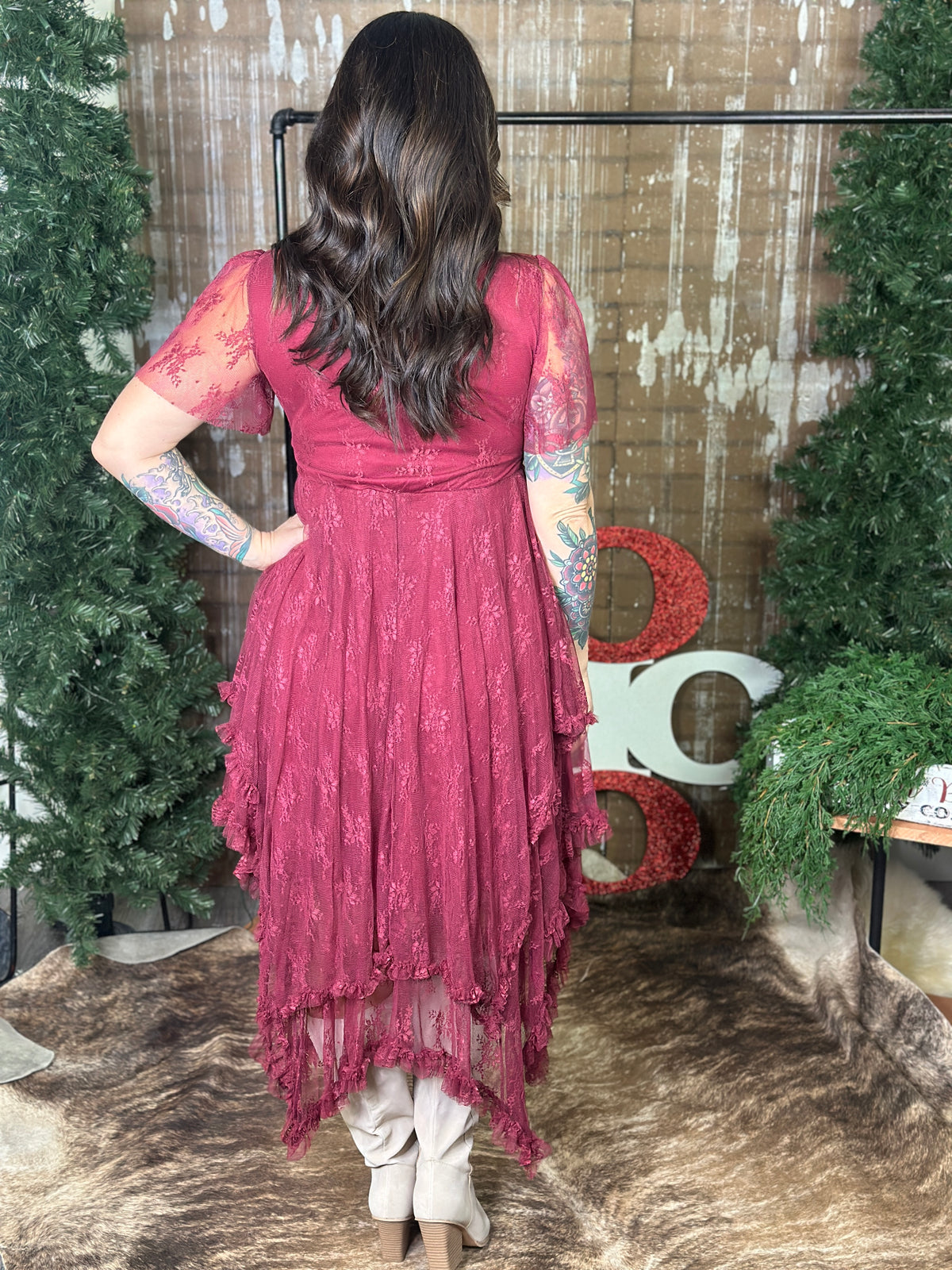 Burgundy Lace Maxi Dress with Asymmetrical Bottom Hem