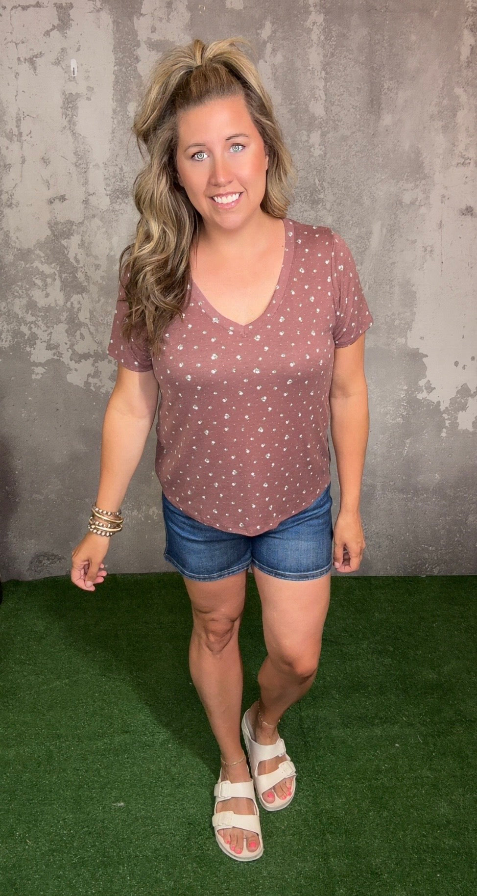 Brown Vneck Top with Ditsy Florals (Small - 3X)
