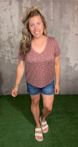 Brown Vneck Top with Ditsy Florals (Small - 3X)