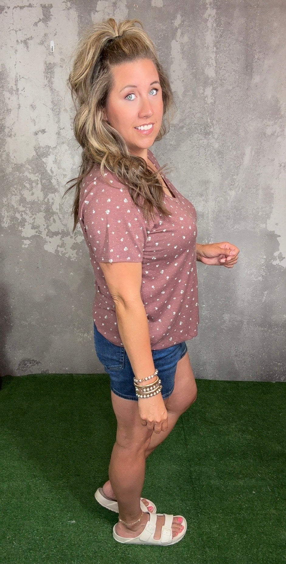 Brown Vneck Top with Ditsy Florals (Small - 3X)