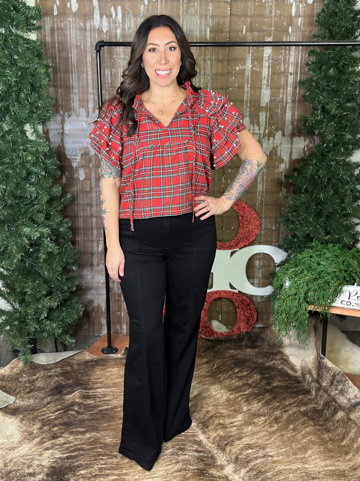 Rhinestone/Pearl Ruffle Sleeve Plaid Top