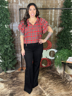 Rhinestone/Pearl Ruffle Sleeve Plaid Top