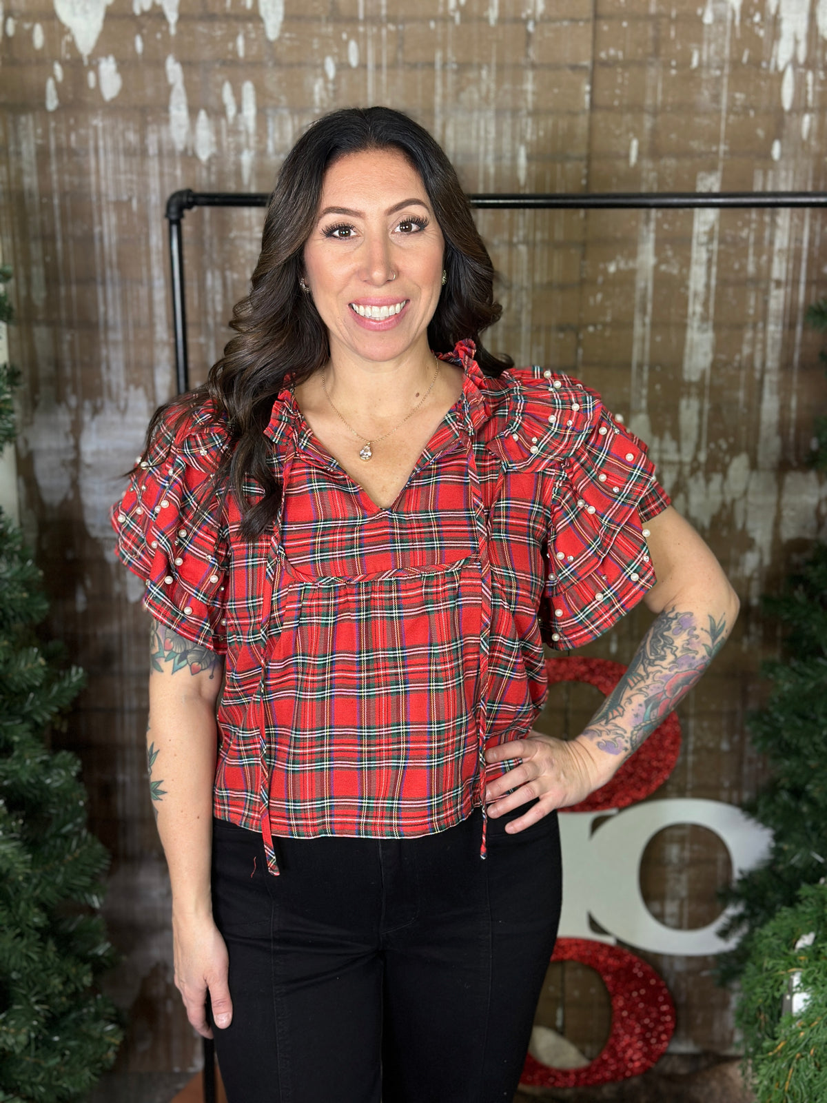 Rhinestone/Pearl Ruffle Sleeve Plaid Top