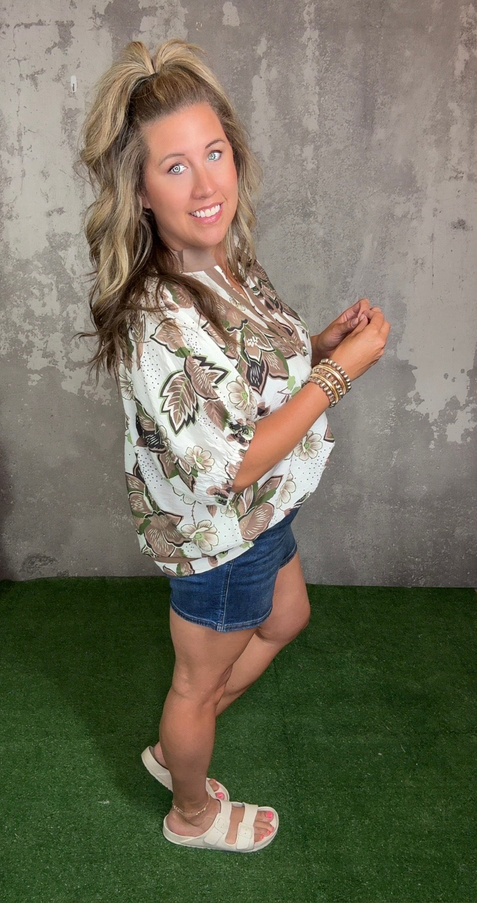 3/4 Sleeve Cream Floral Top