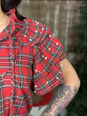 Rhinestone/Pearl Ruffle Sleeve Plaid Top