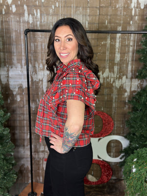 Rhinestone/Pearl Ruffle Sleeve Plaid Top