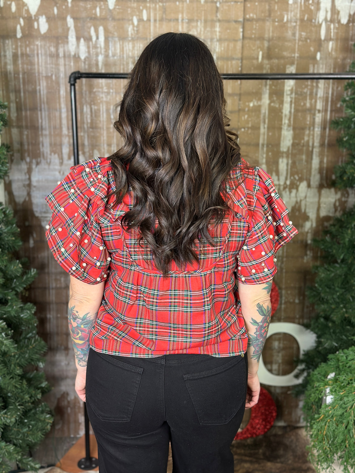 Rhinestone/Pearl Ruffle Sleeve Plaid Top