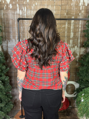 Rhinestone/Pearl Ruffle Sleeve Plaid Top