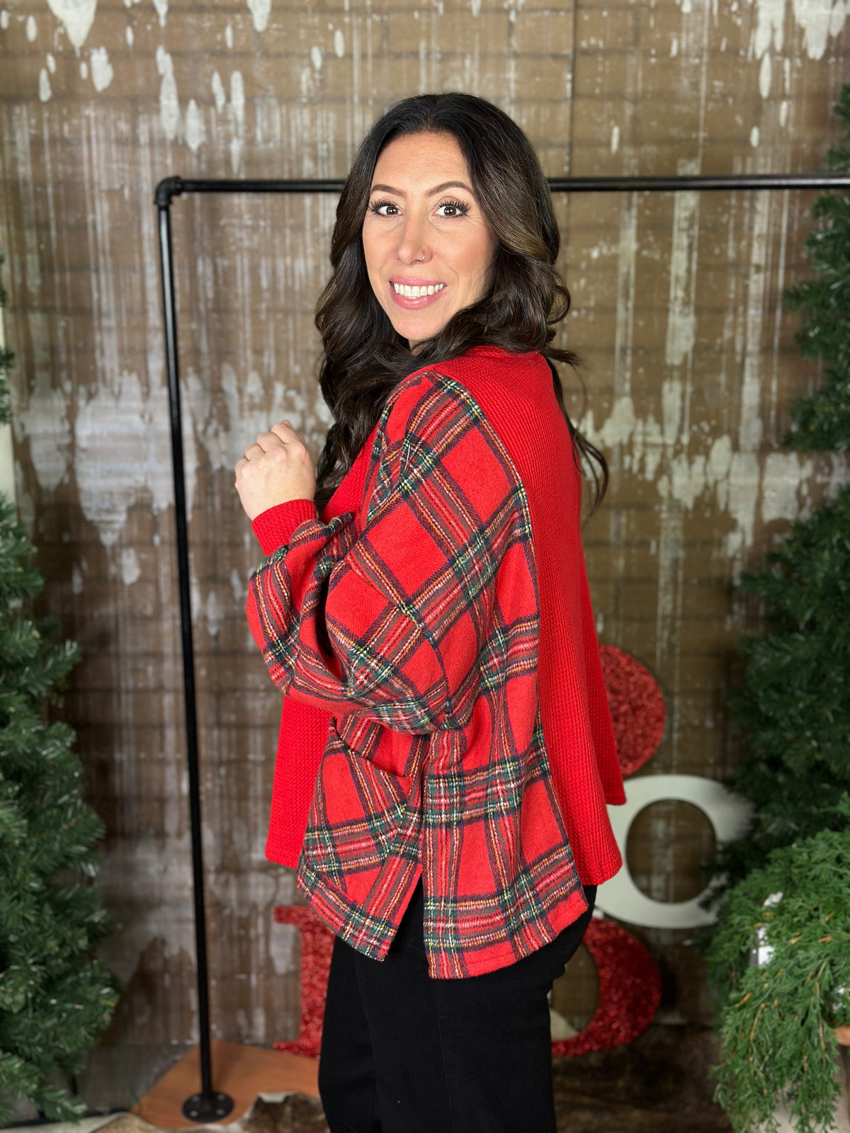 Red Plaid Waffle Top