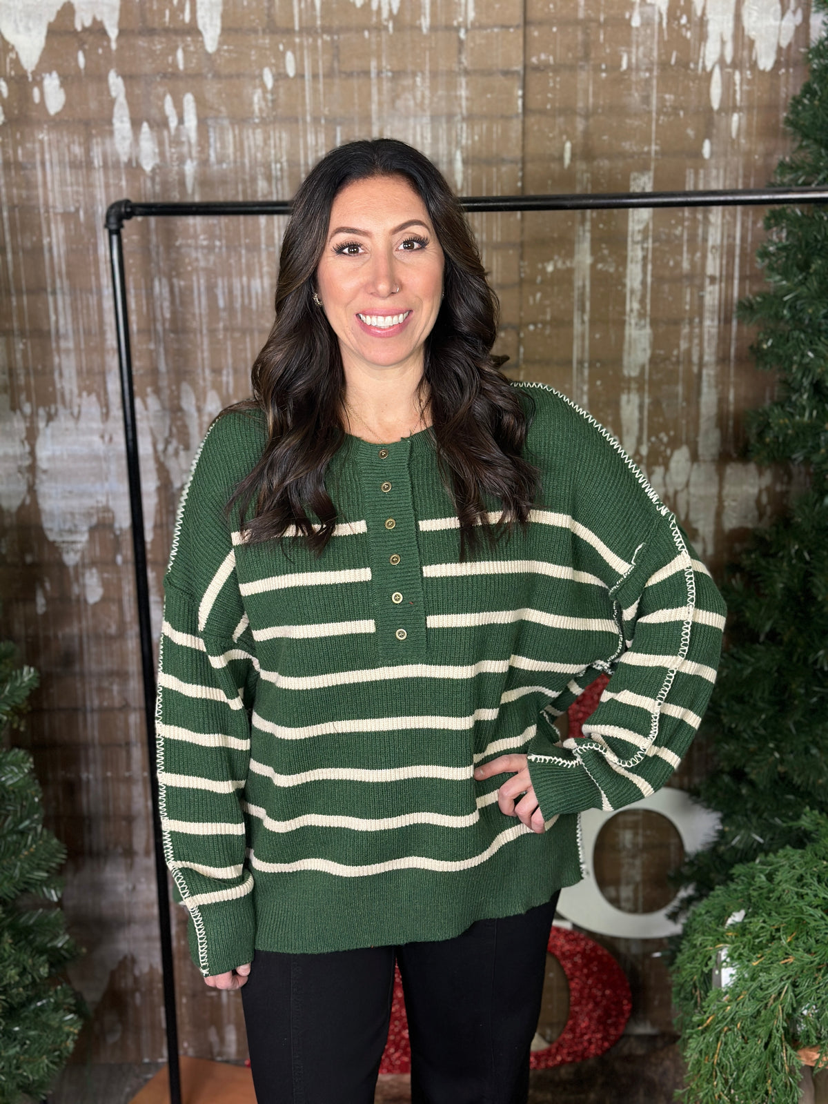 Forest Green Striped Sweater with Buttons and Reverse Hem