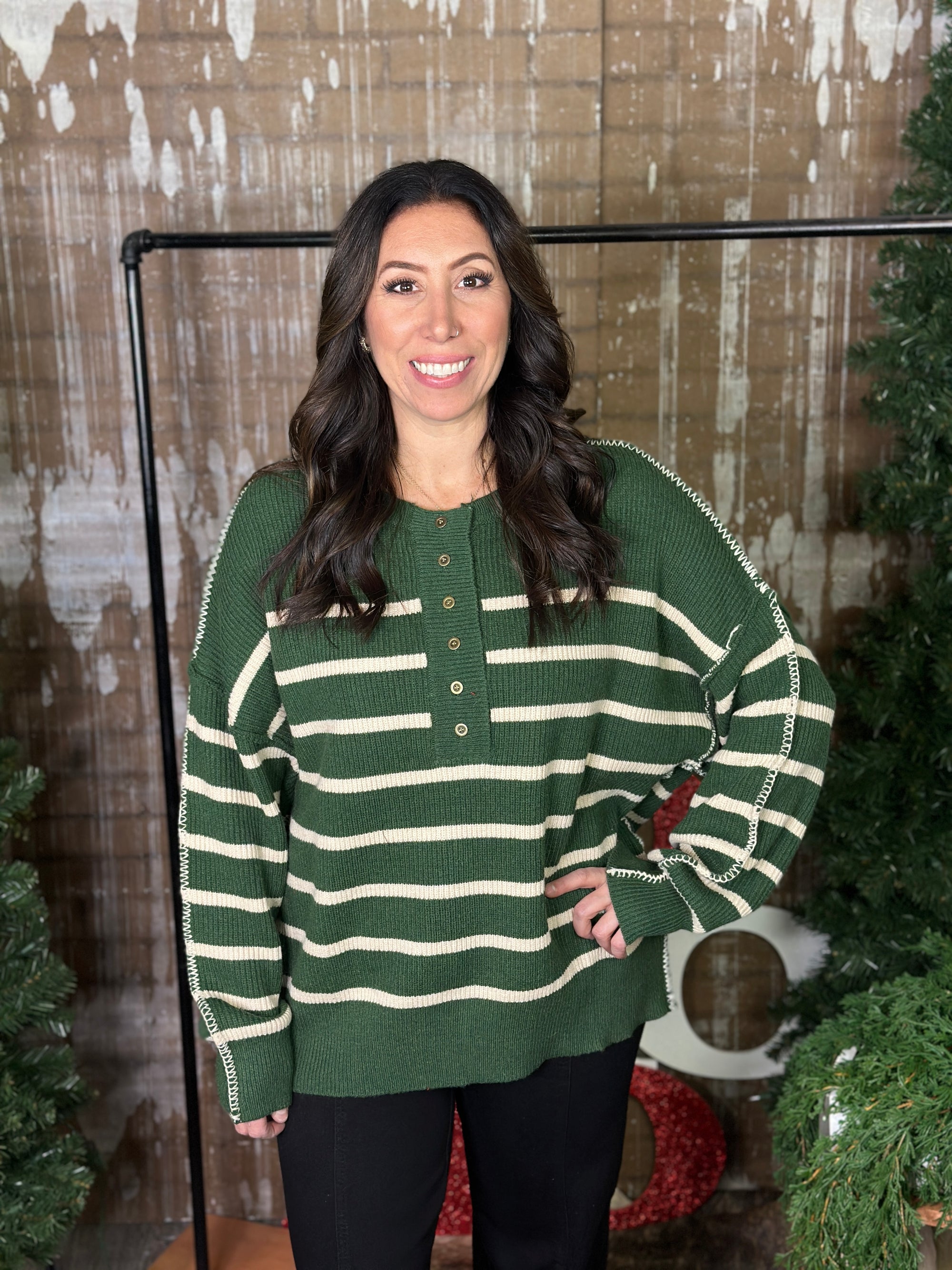 Forest Green Striped Sweater with Buttons and Reverse Hem