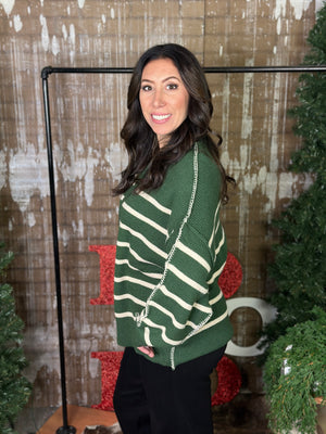 Forest Green Striped Sweater with Buttons and Reverse Hem