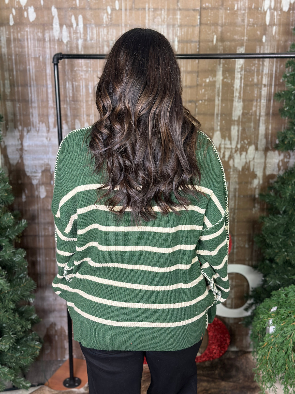 Forest Green Striped Sweater with Buttons and Reverse Hem