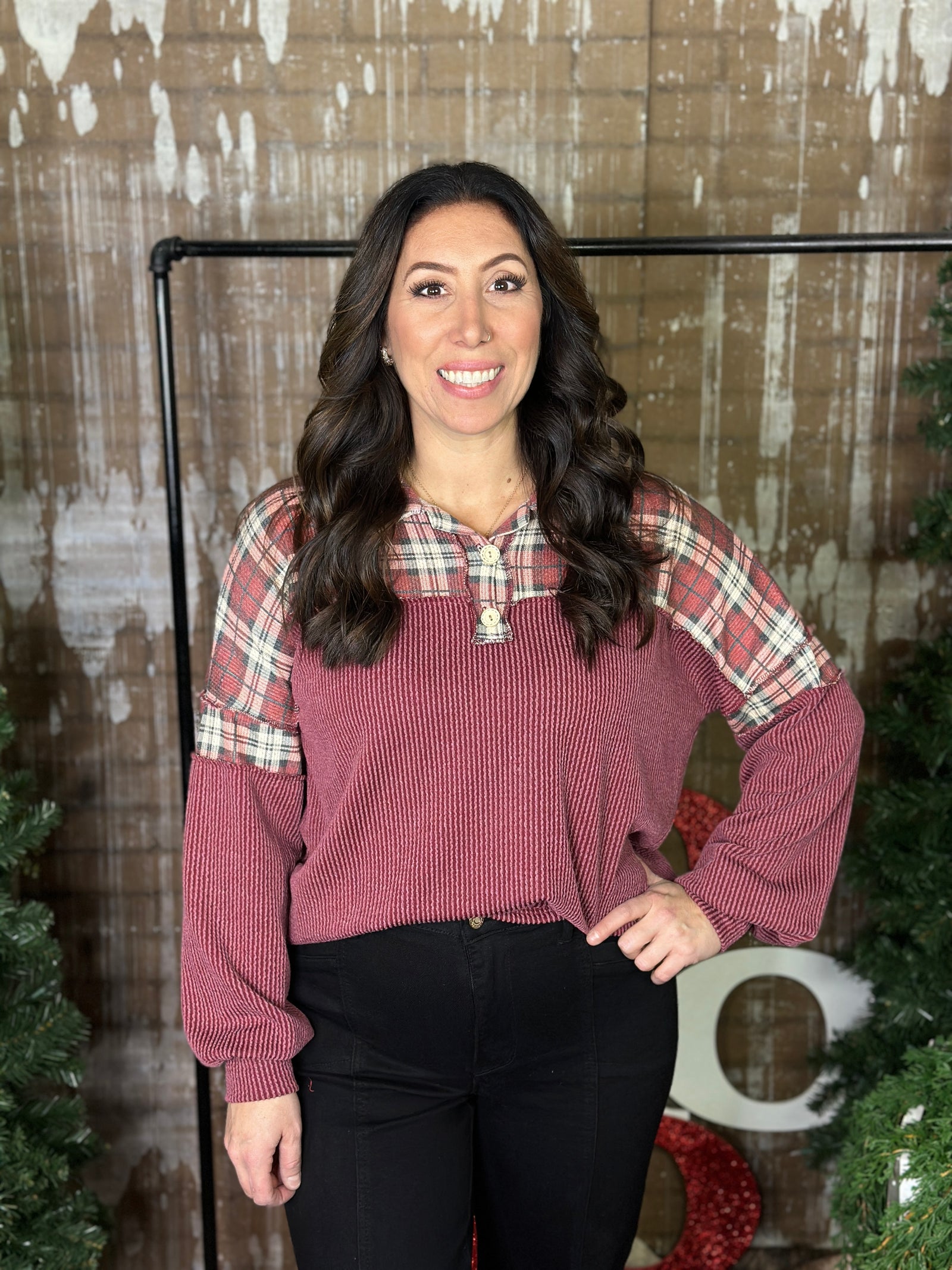 Burgundy Ribbed Top with Plaid Detail