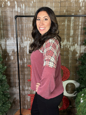 Burgundy Ribbed Top with Plaid Detail