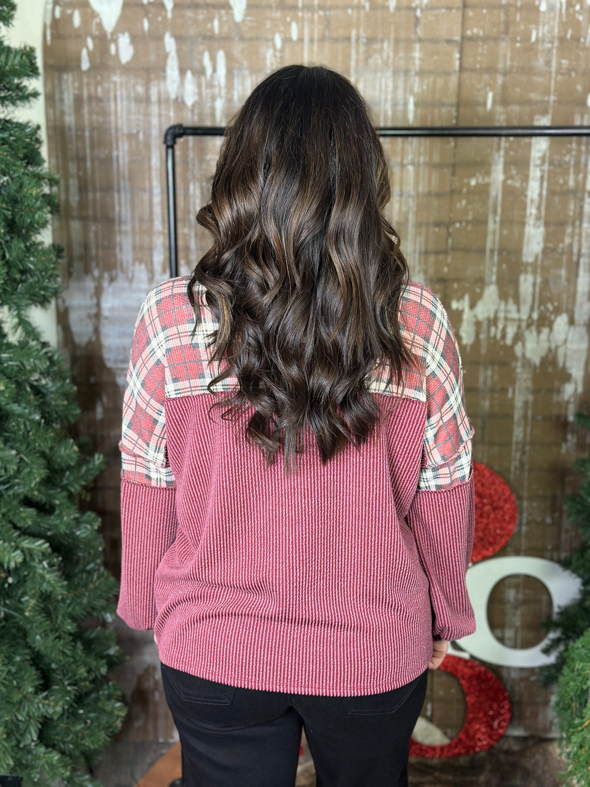 Burgundy Ribbed Top with Plaid Detail