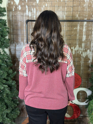 Burgundy Ribbed Top with Plaid Detail