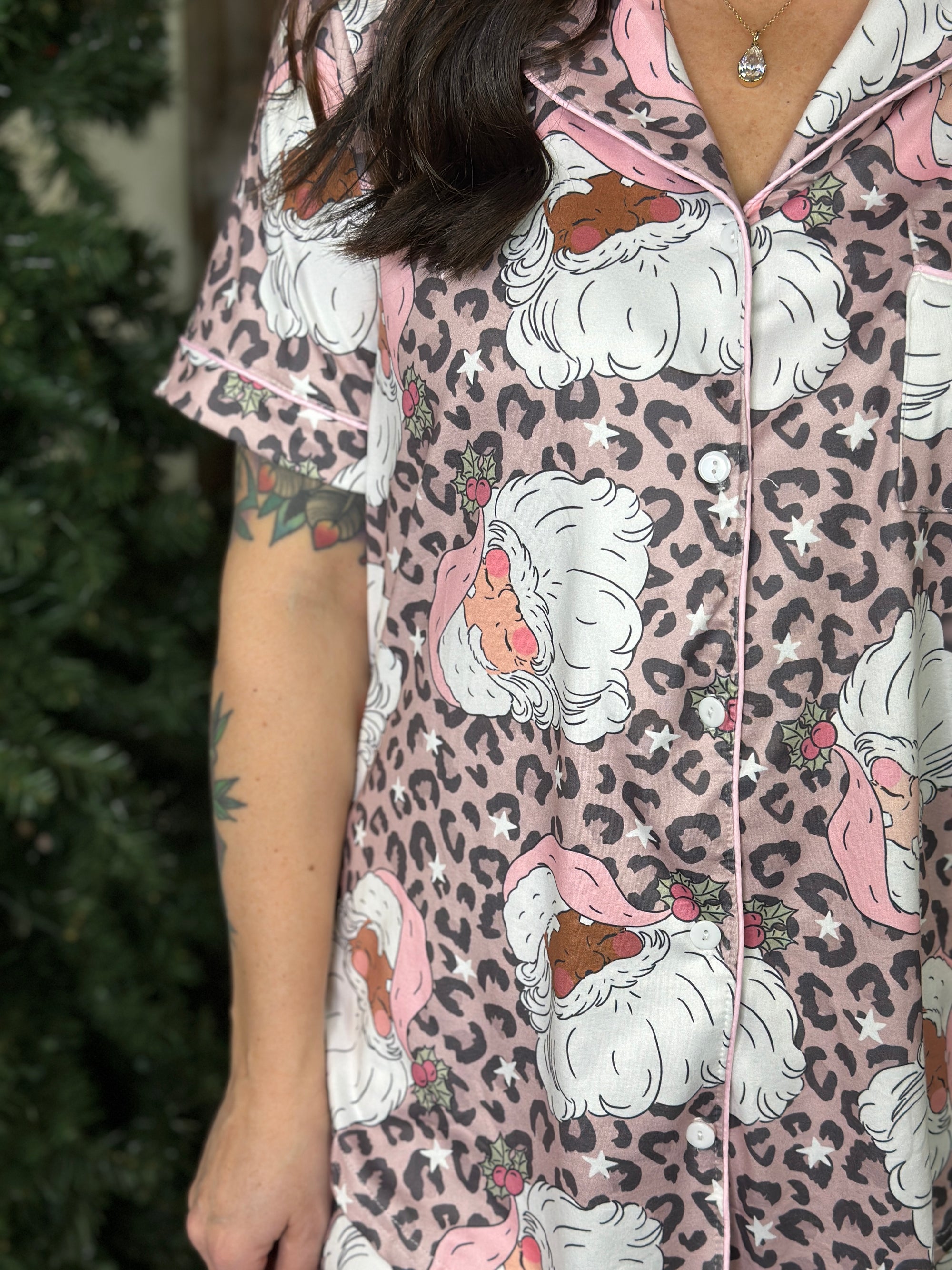 Shirley Button Down Lounge Set - Leopard Santa (Small - 3X)