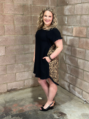 Black Linen Dress with Leopard Back Detail (Small - 2X) - FINAL SALE