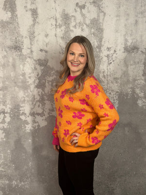 Orange and Pink Colorblock Floral Sweater