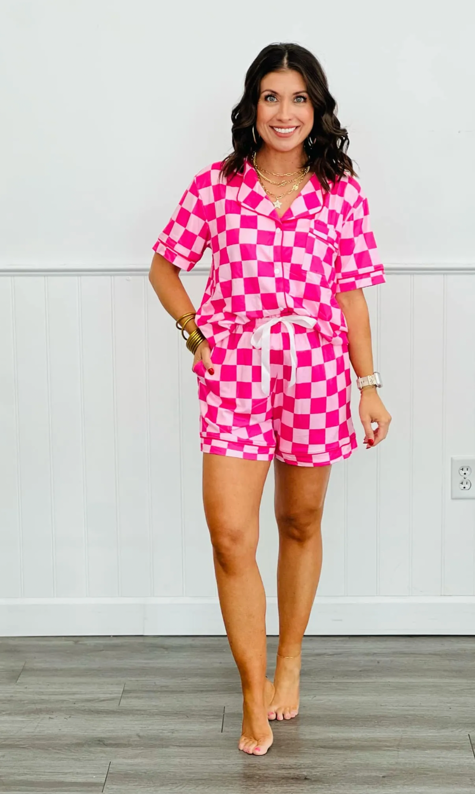 Button Down Shirley Short Set - Pink Check - (Small - 3X)