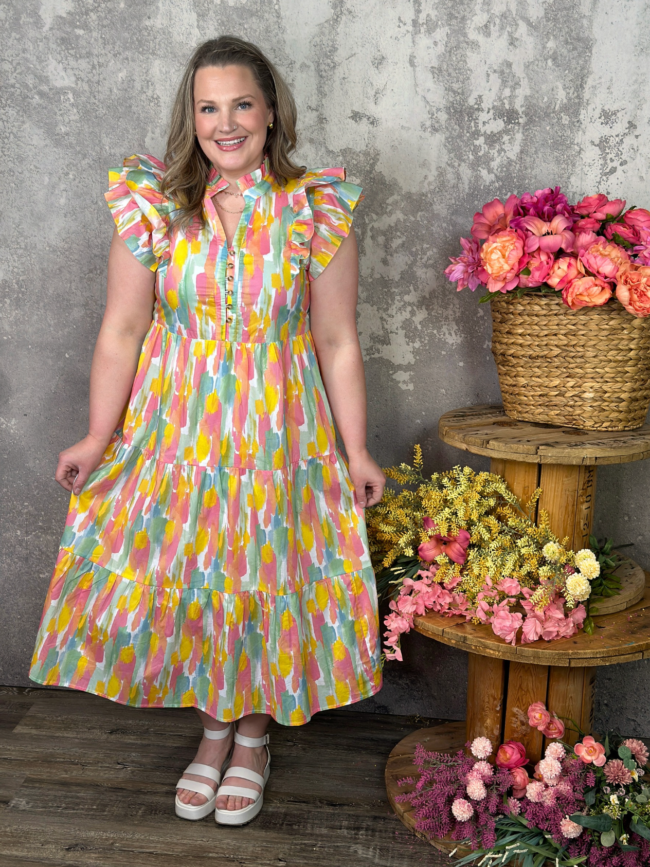 Painted Watercolor Ruffle Sleeve Dress