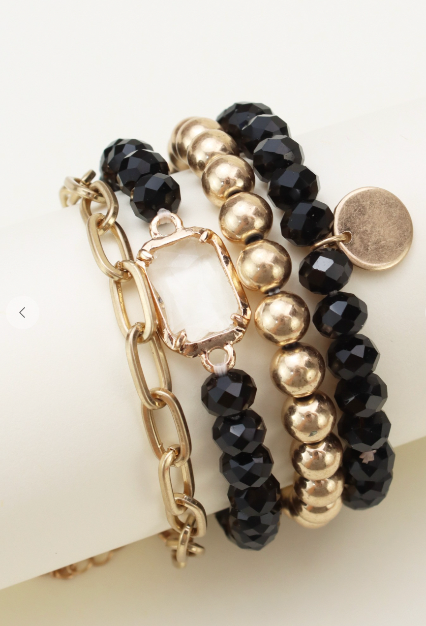 Metallic Bead Bracelet Set - Black