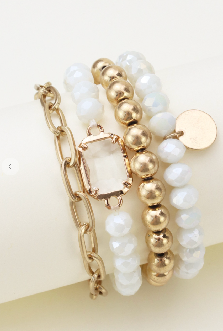 Metallic Bead Bracelet Set - White