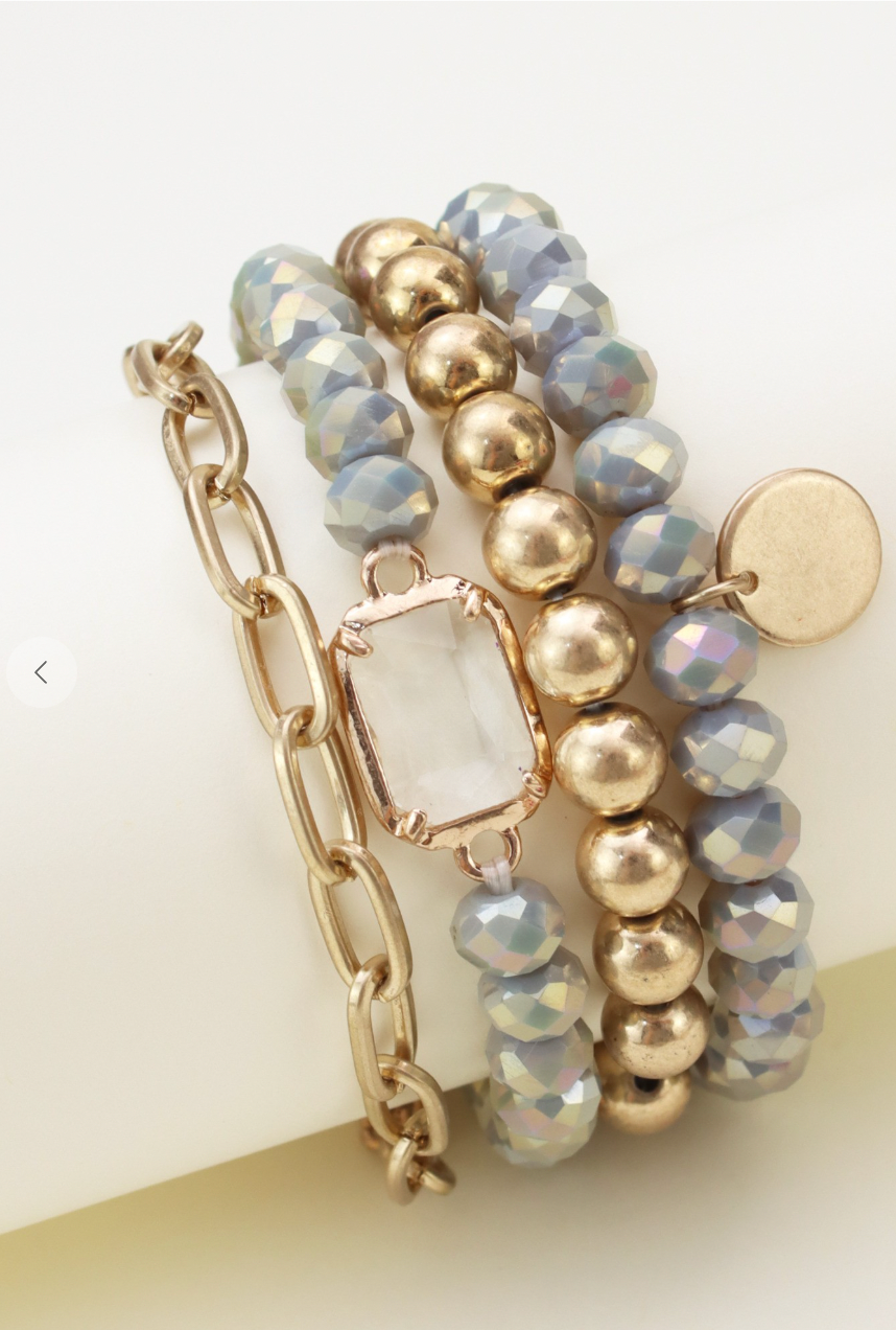 Metallic Bead Bracelet Set - Silver