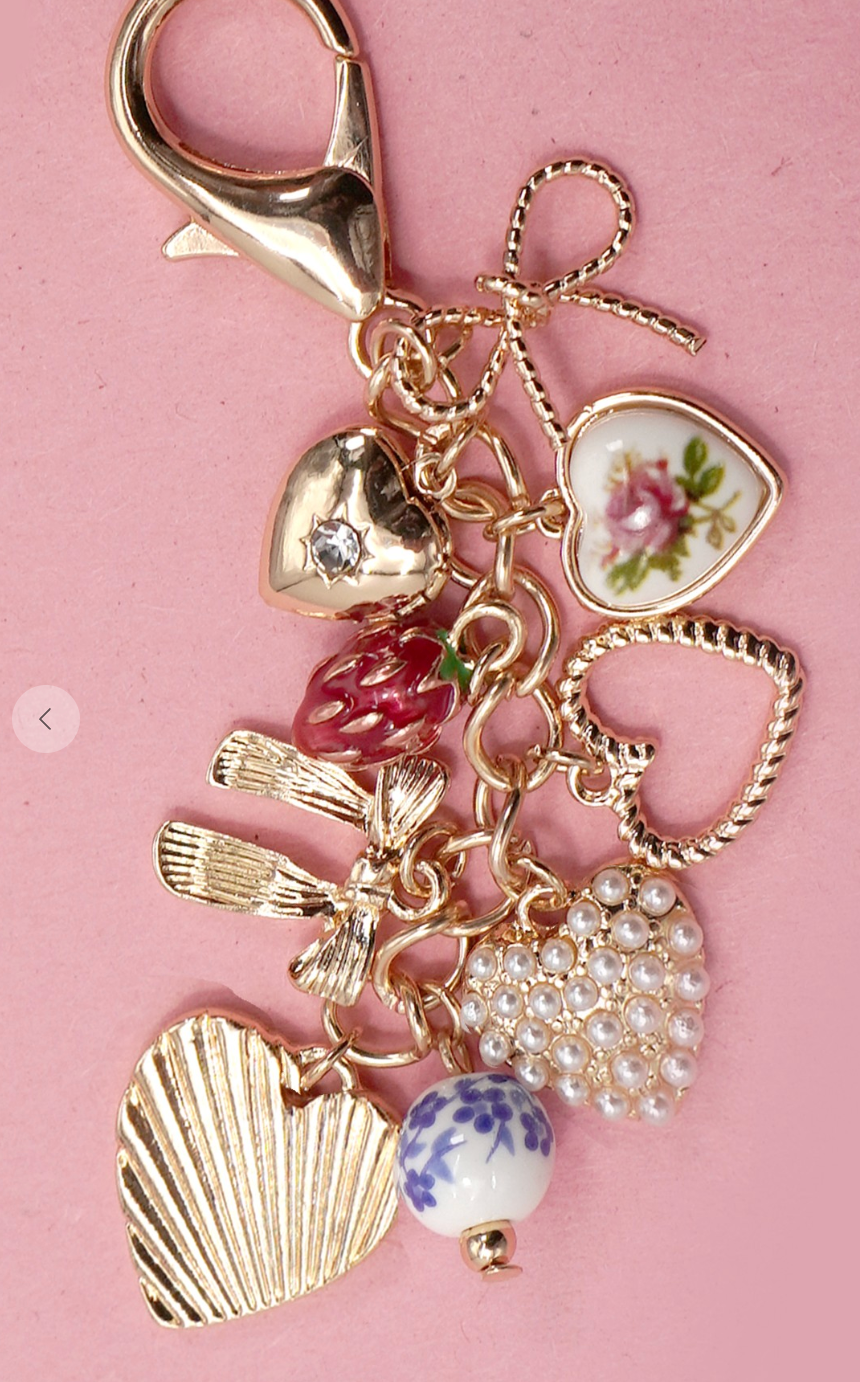 Bag Charm - Porcelain Bows Hearts Pearl Strawberry