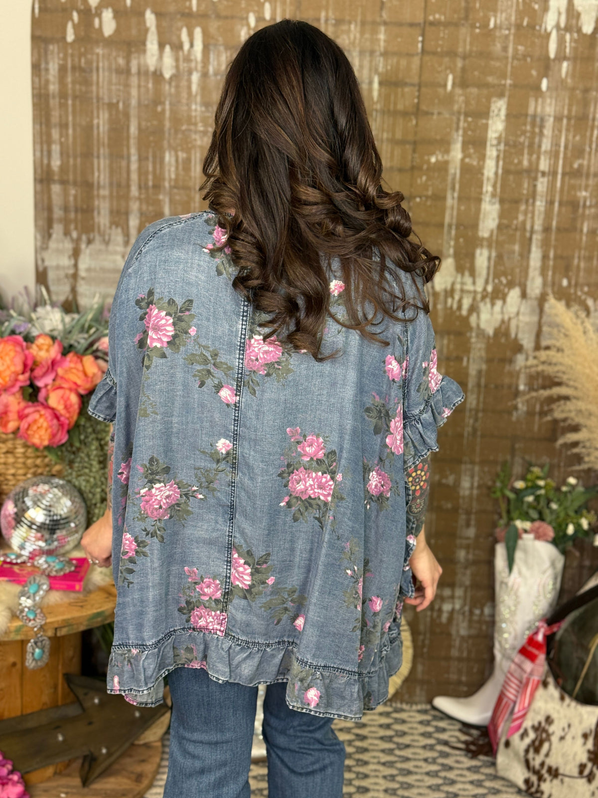 Floral Chambray Ruffle Layer  (Small - 3X)