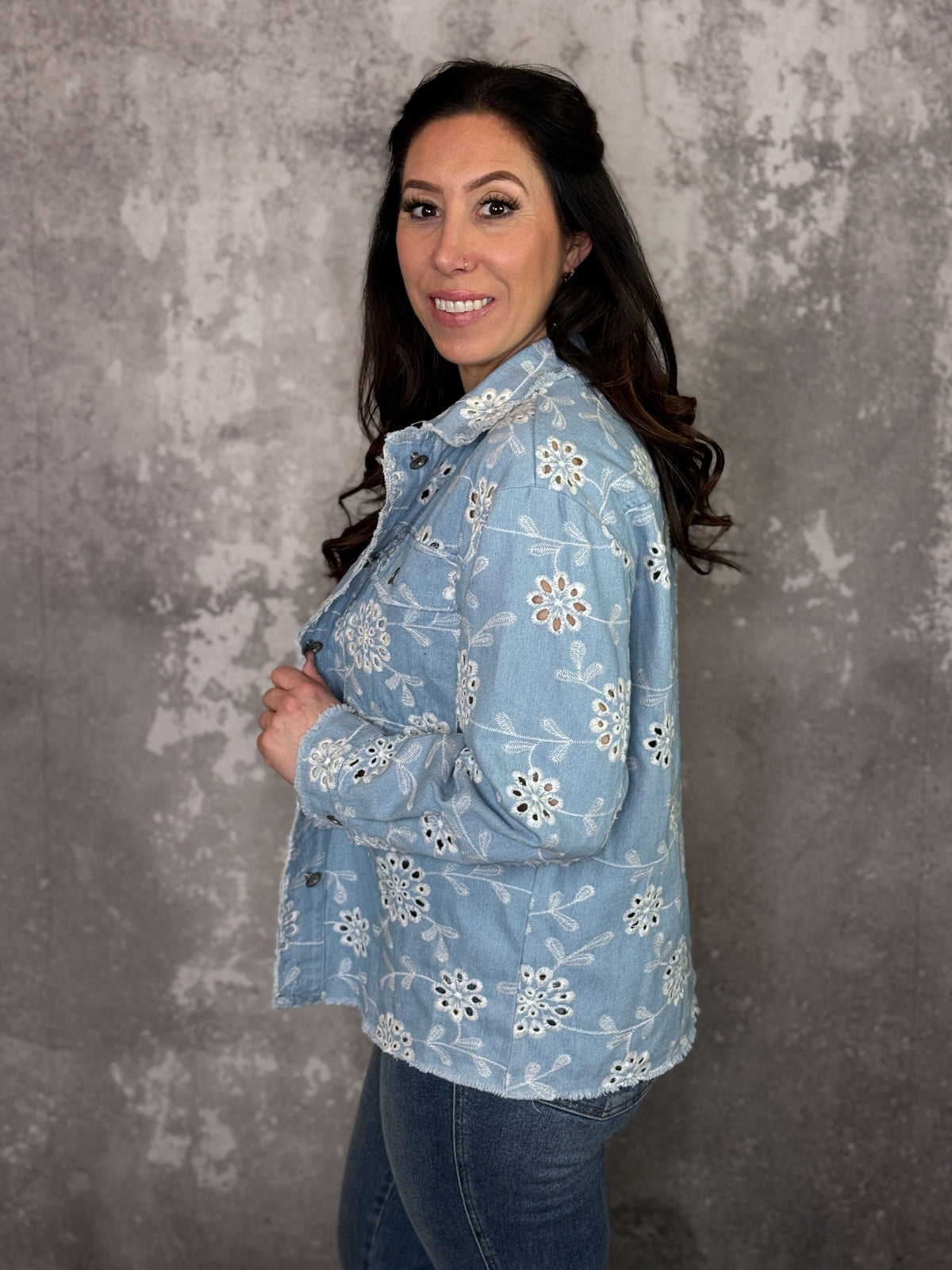 Denim Floral Lazer Cut Detail Jacket
