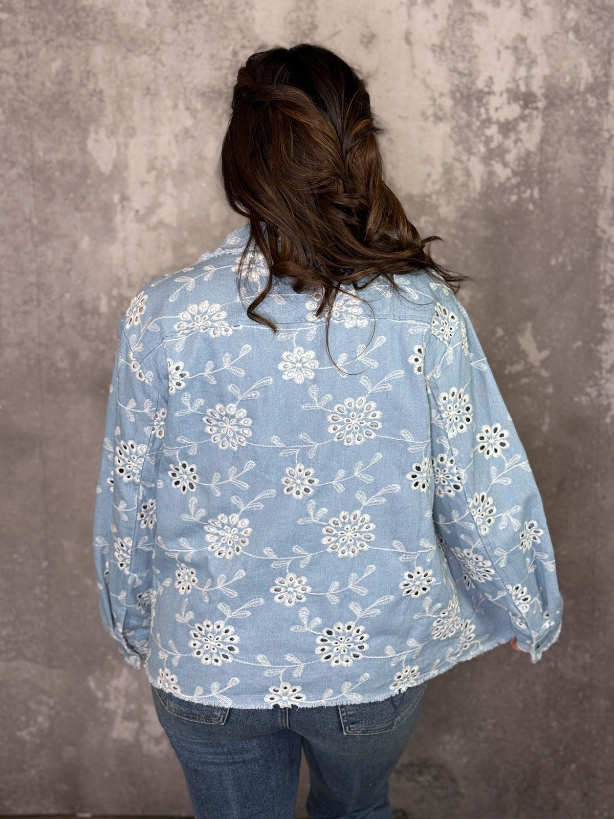 Denim Floral Lazer Cut Detail Jacket